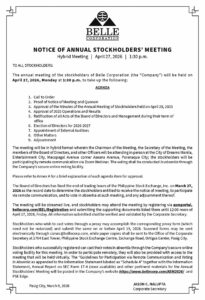 Belle Corp. to convene on April 27 for its Annual Stockholders’ Meeting via hybrid format