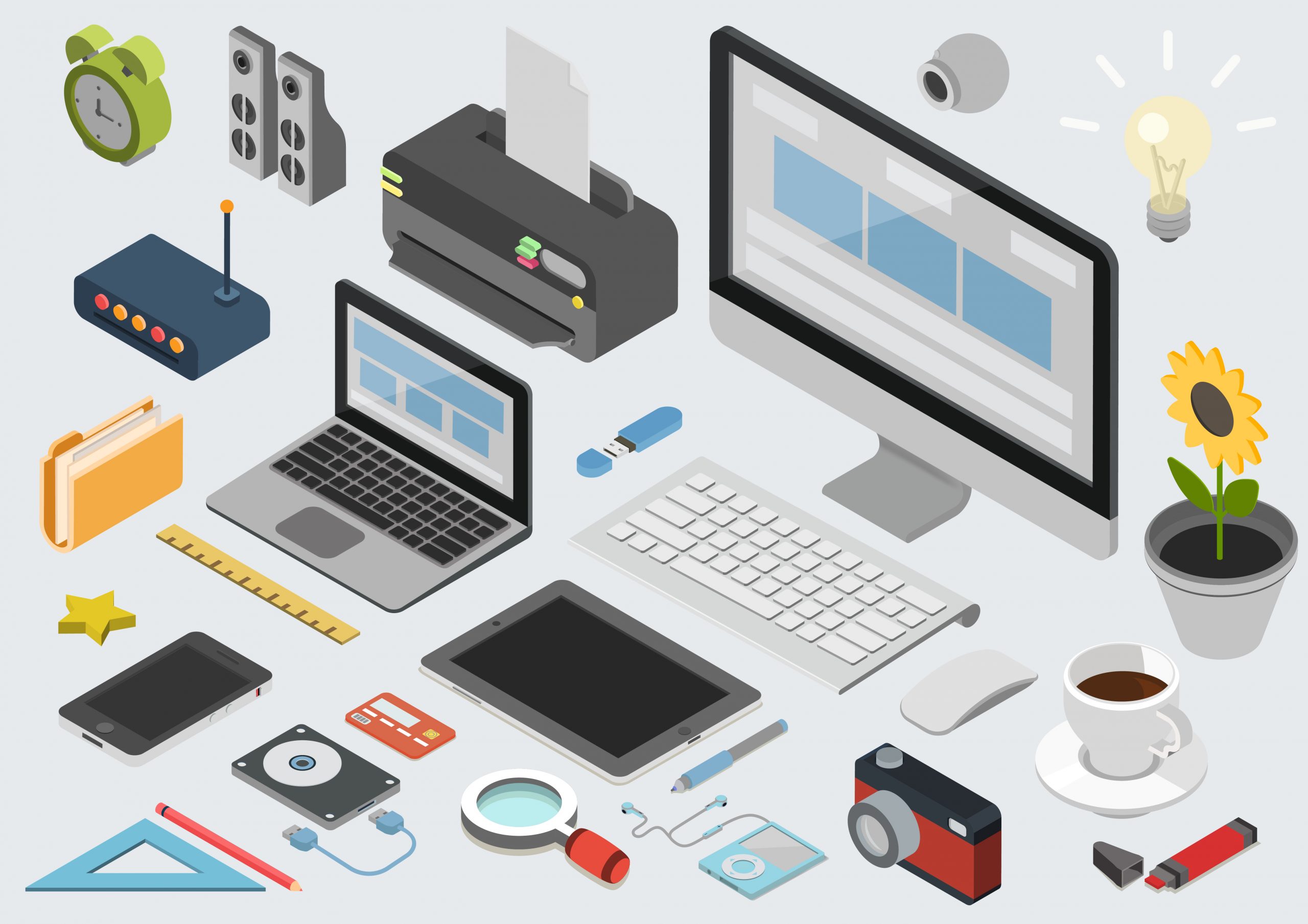 gadgets Flat 3d isometric computerized technology designer workspace infographic concept vector. Tablet, laptop, smart phone, camera, player, printer, desktop computer, printer, peripheral devices icon set.