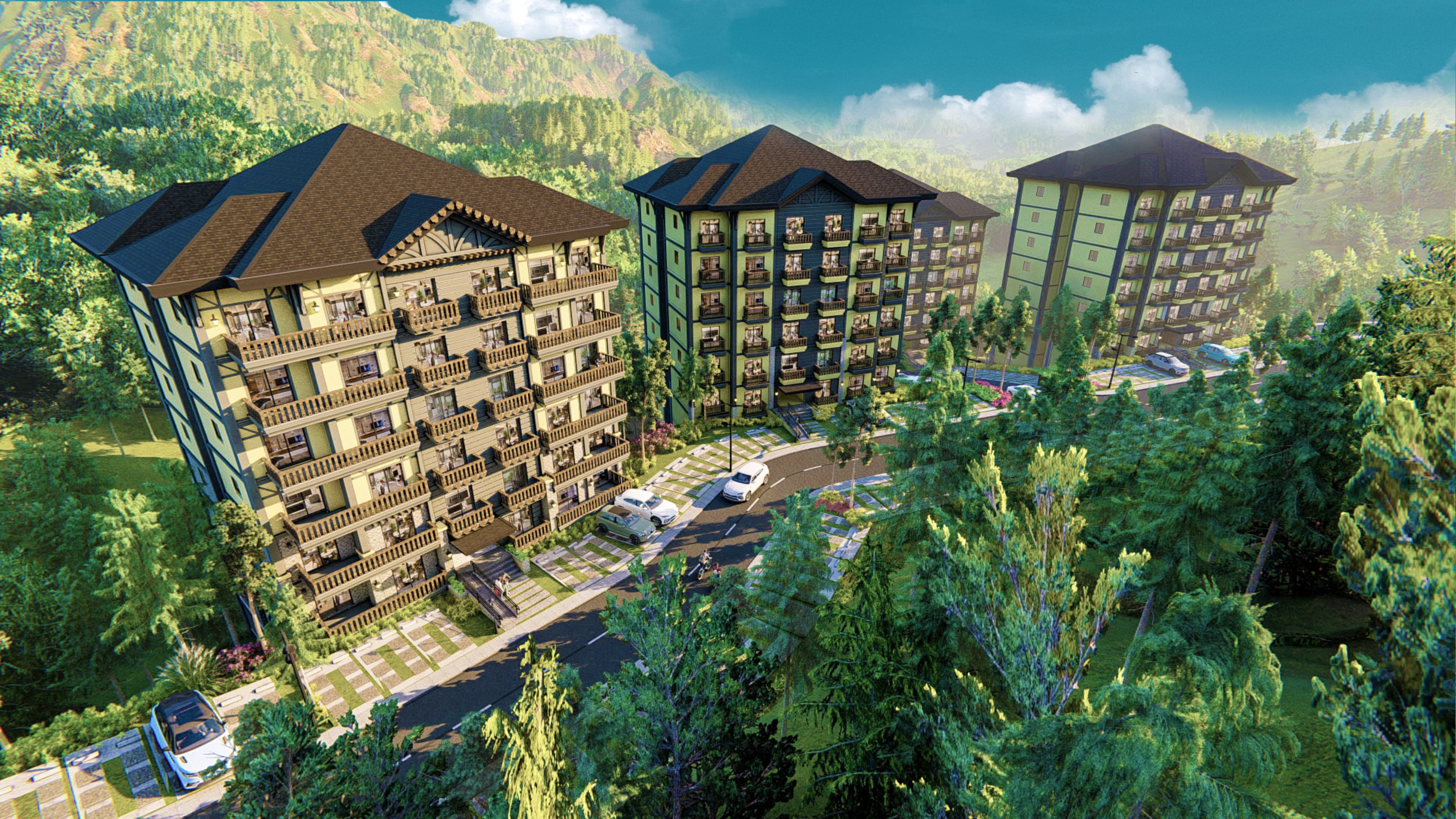 01 - Alpine Villas is a charming enclave consisting of mid-rise towers in the style of Swiss chalets