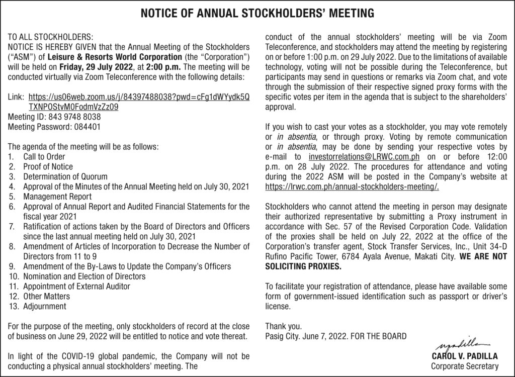 Leisure & Resorts World Corp. announces annual stockholders' meeting on July 29 BusinessWorld