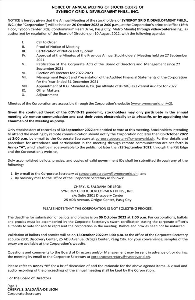 Synergy Grid & Dev't Phils ASM Notice