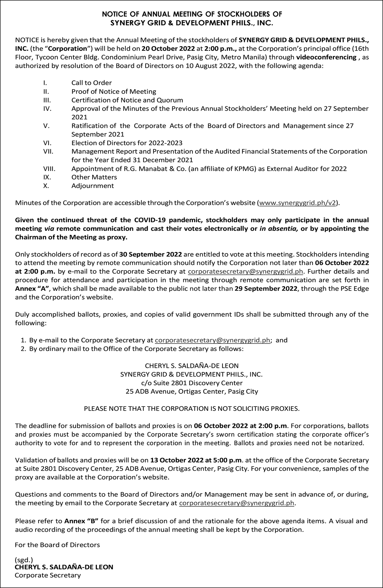 Synergy Grid & Dev't Phils ASM Notice