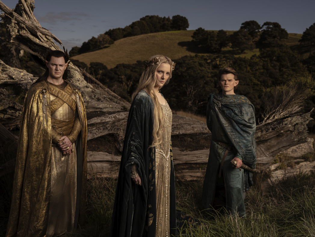 Benjamin Walker, Morfydd Clark, and Robert Aramayo in The Lord of the Rings- The Rings of Power (2022)