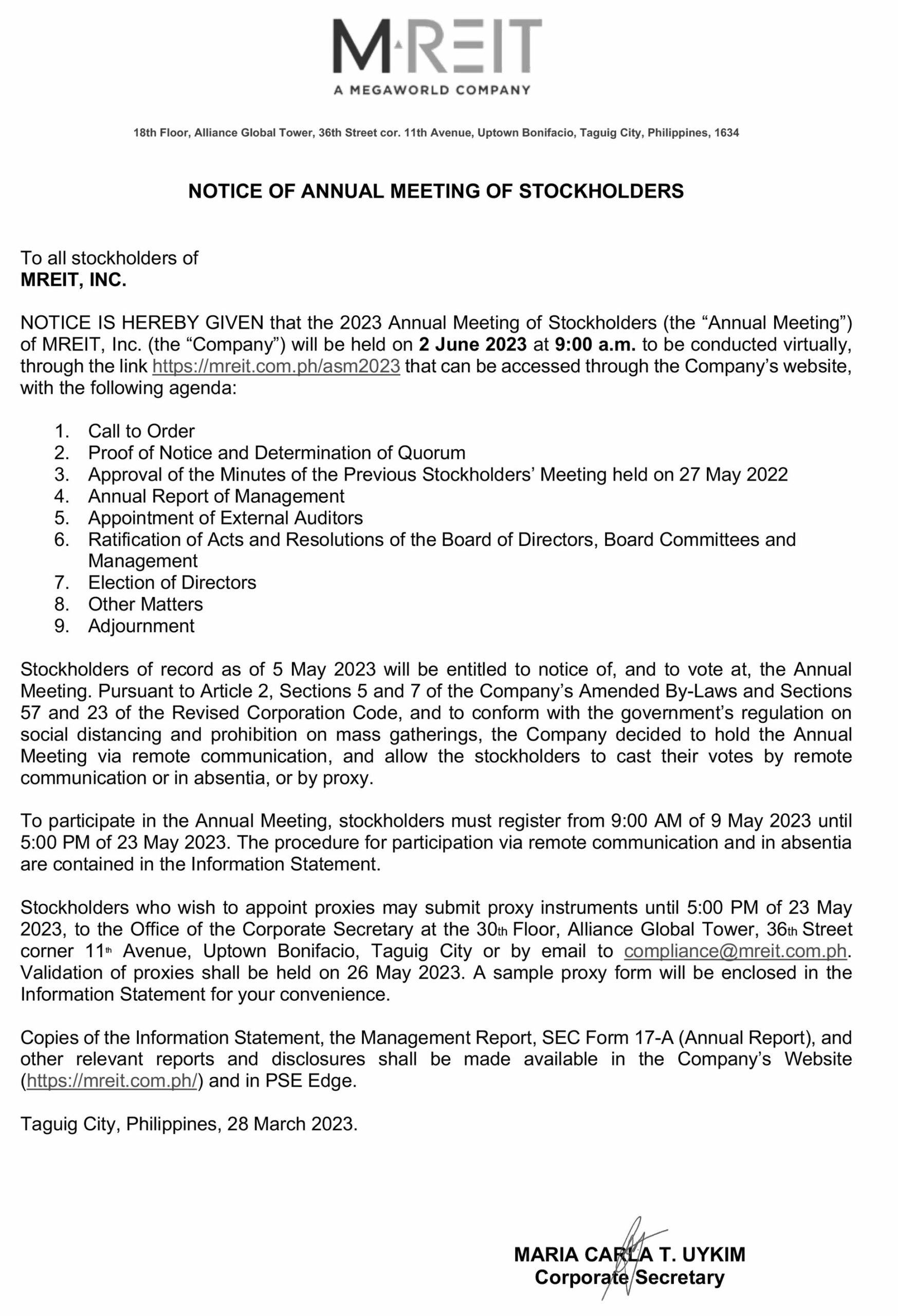 MRET 2022 ASM Notice