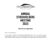 Cebu Landmasters, Inc. to hold annual stockholders’ meeting on June 1