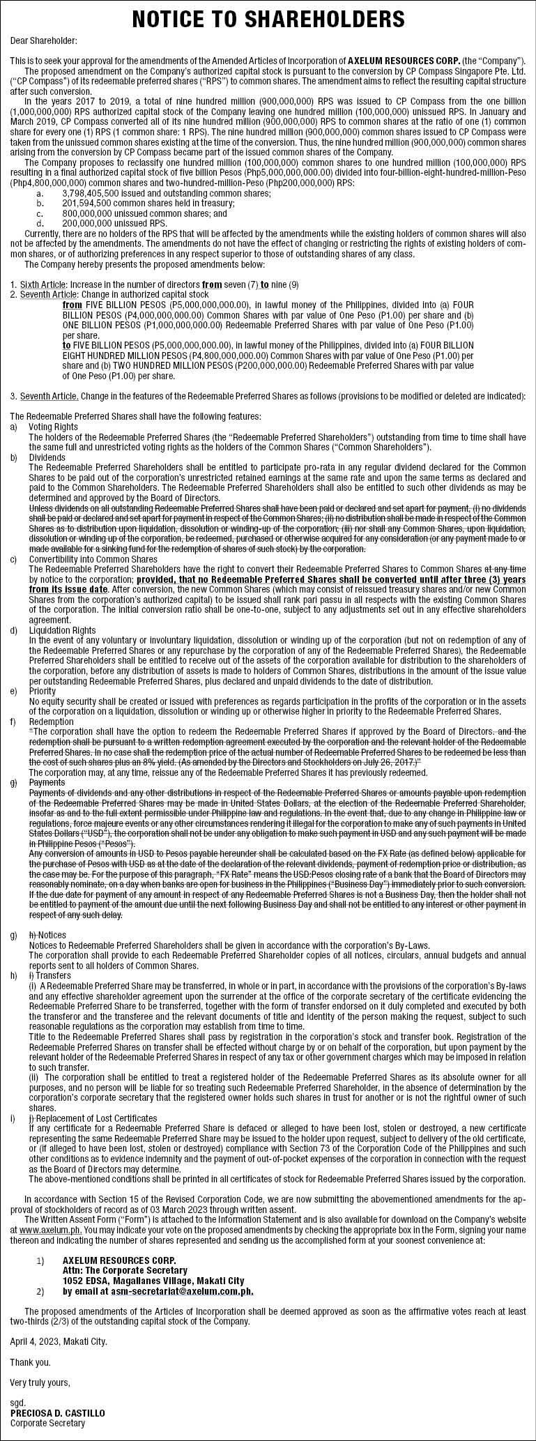 Axelum Resources Corp Notice to Shareholders