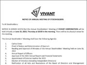 Vivant Corp. to hold annual stockholders’ meeting virtually on June 15