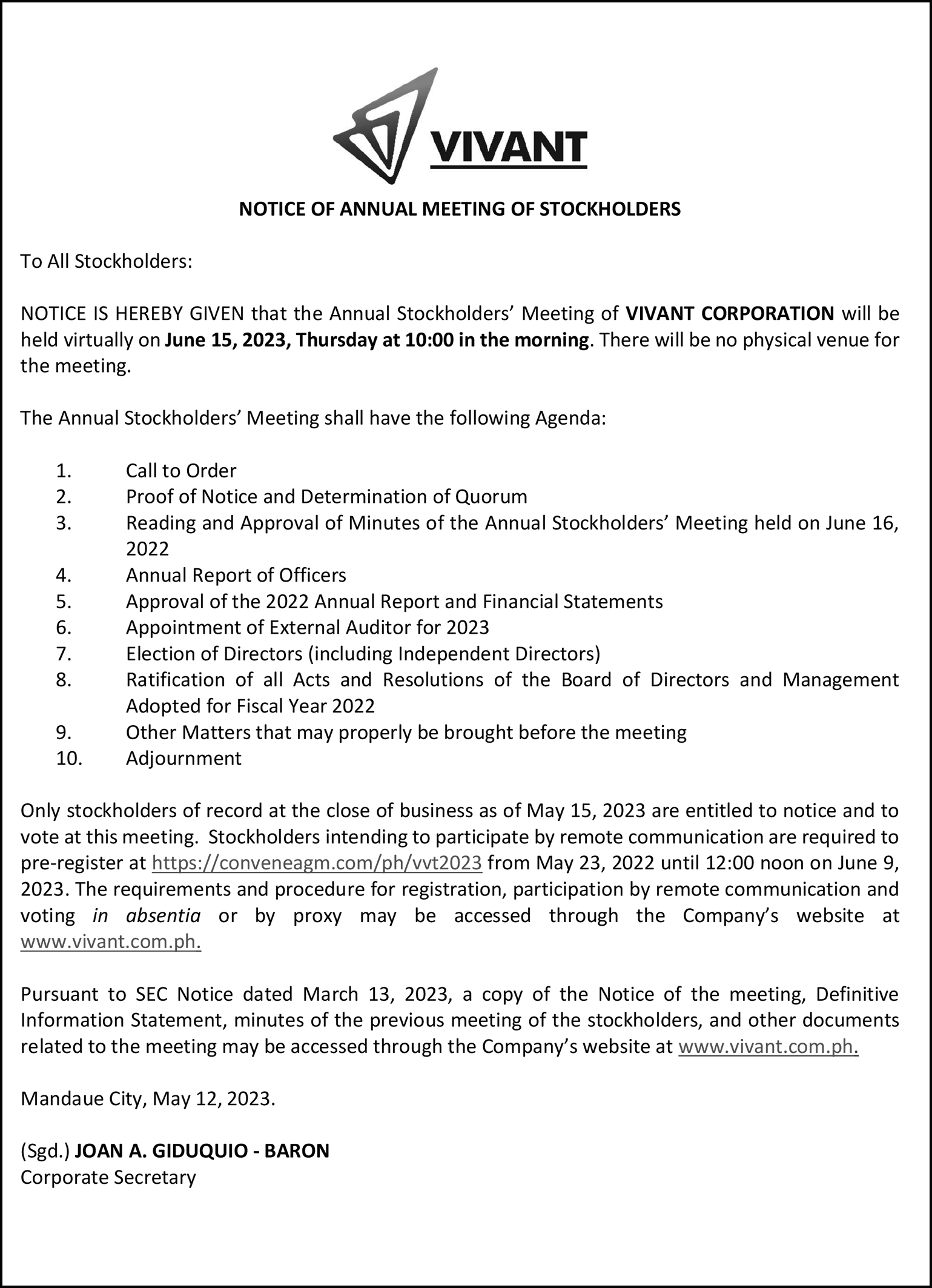 Vivant 2023 ASM Notice