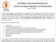 San Miguel Food and Beverage, Inc. announces annual meeting of stockholders on June 7