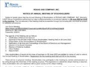Roxas and Company, Inc. to conduct 2023 Annual Meeting of Stockholders on June 28