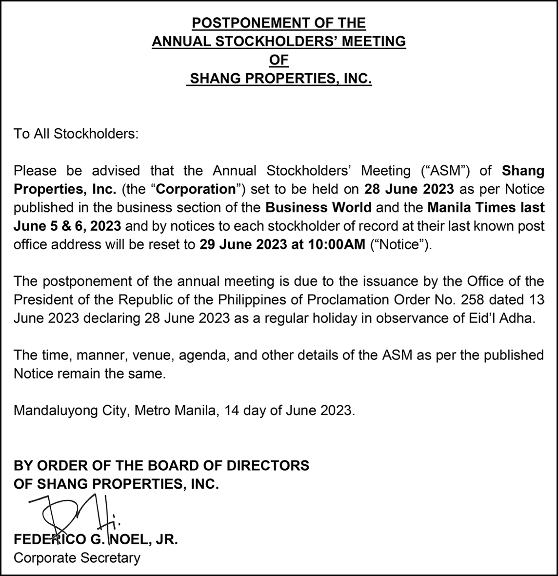 Shang Properties ASM Postponement