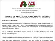 Allied Care Experts (ACE) Medical Center-Legazpi, Inc. to hold 2023 Annual Stockholders’ Meeting on Sept. 28