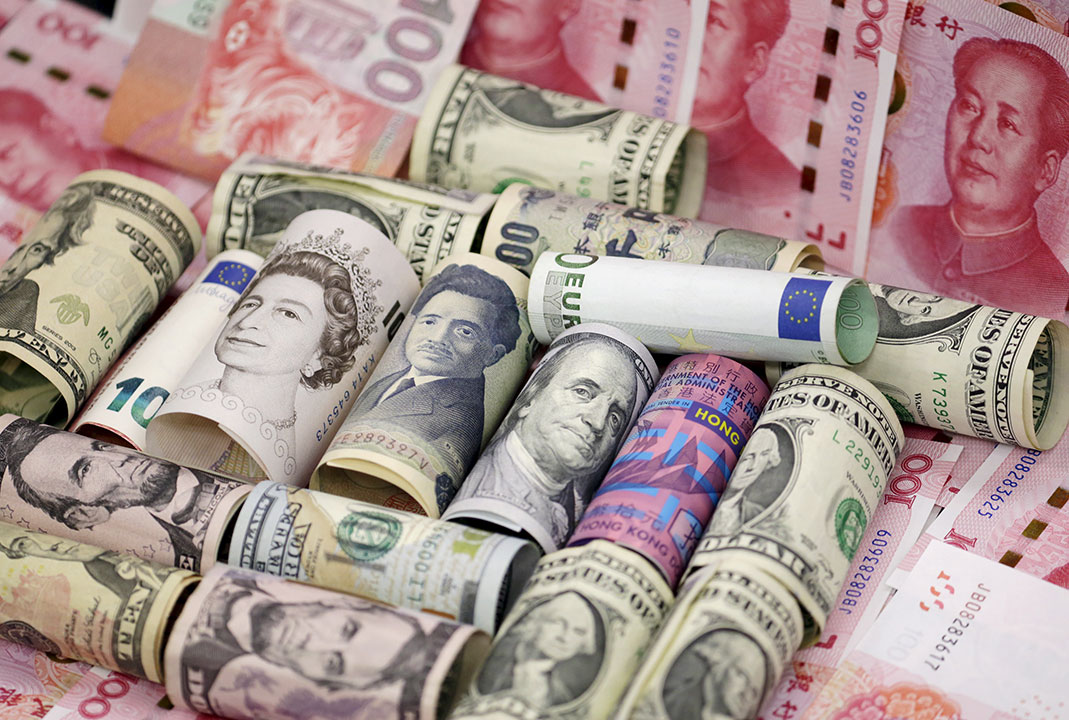 Euro, Hong Kong dollar, US dollar, Japanese yen, UK pound and Chinese 100 yuan banknotes-currencies