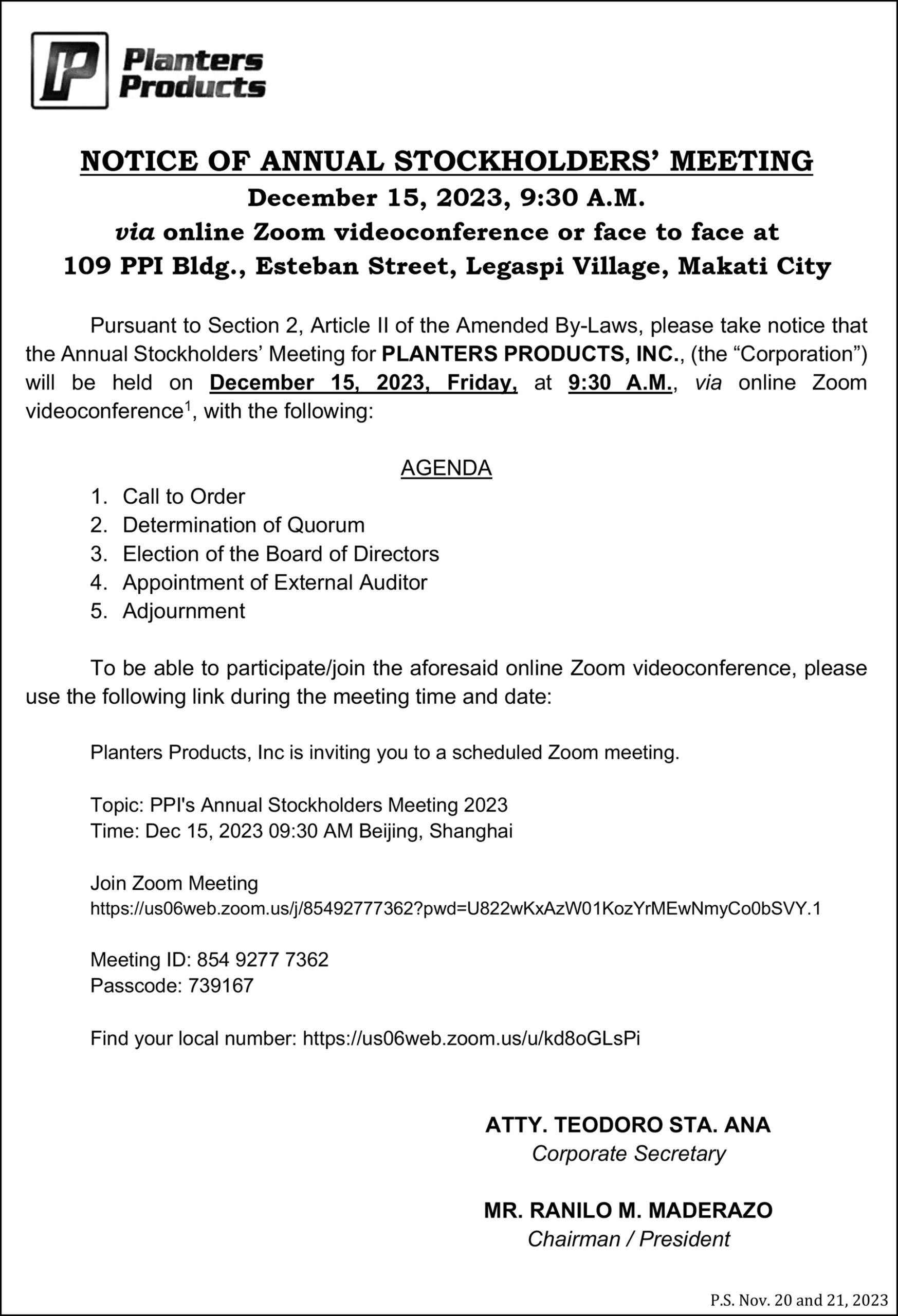 Planters Products, Inc. to conduct 2023 Annual Stockholders' Meeting on