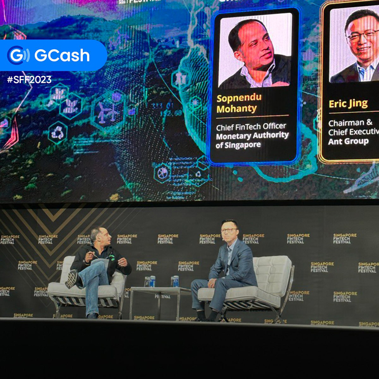 Ant-Group-Chairman-Eric-Jing-talks-to-Sopnendu-Mohanty,-Chief-FinTech-Officer-of-the-Monetary-Authority-of-Singapore-at-a-Fireside-Chat-in-SFF-2023-OL