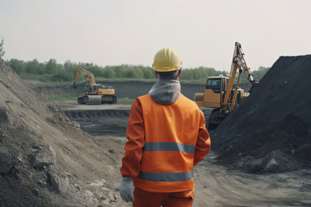 worker from behind dressed in work clothes observing some excavators on the construction site. Ai generative
