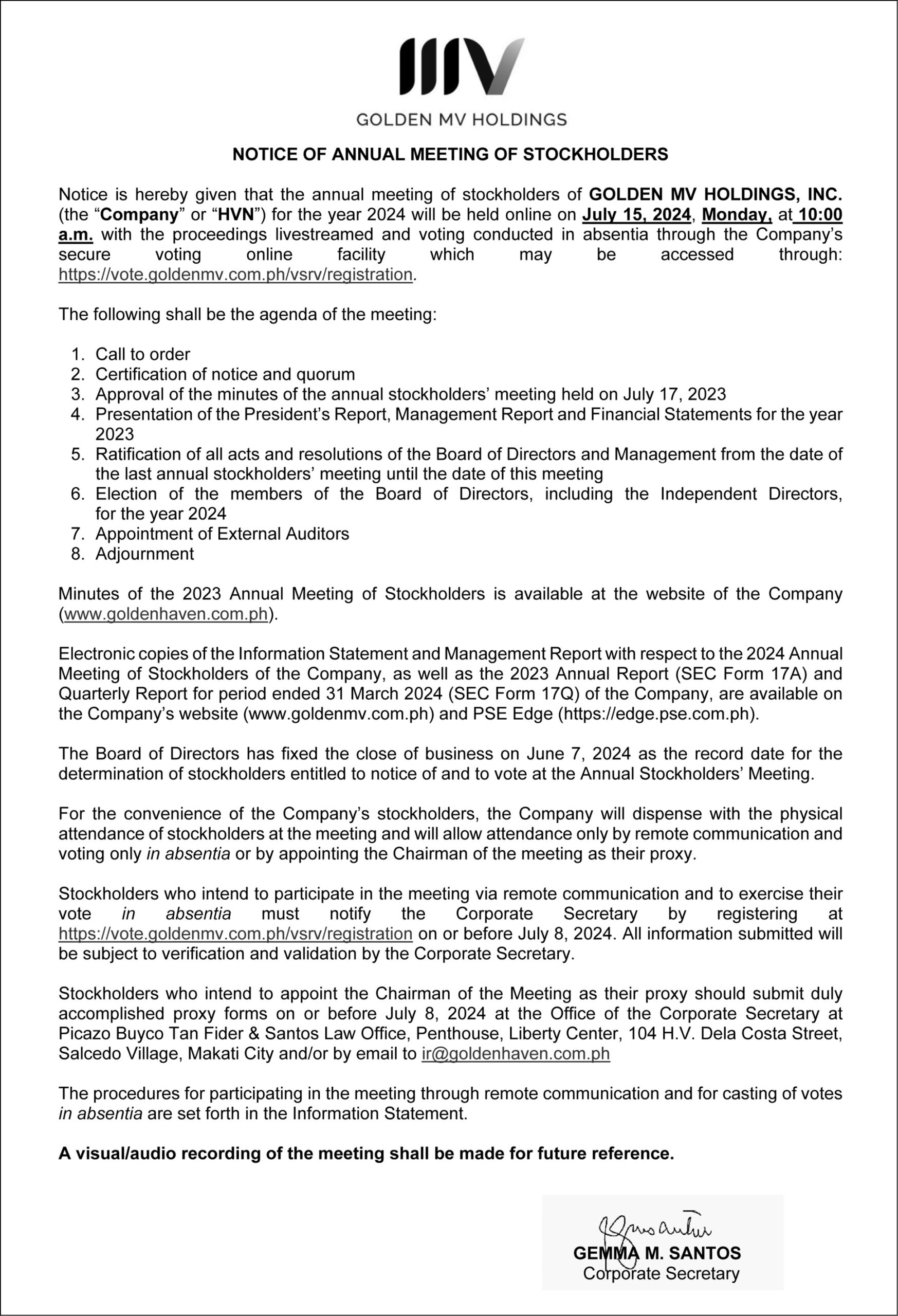 For Online Golden MV Holdings, Inc Notice 5x24 BW