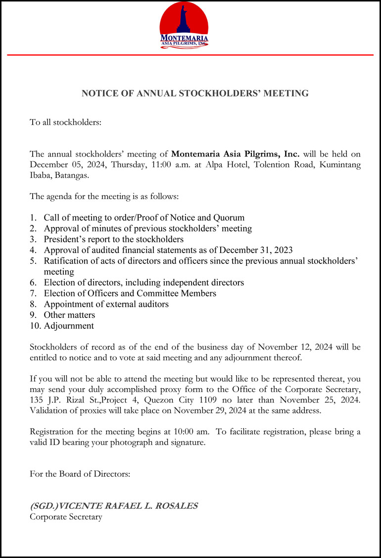 Microsoft Word - notice SH mtg Montemaria Notice Stockholders De