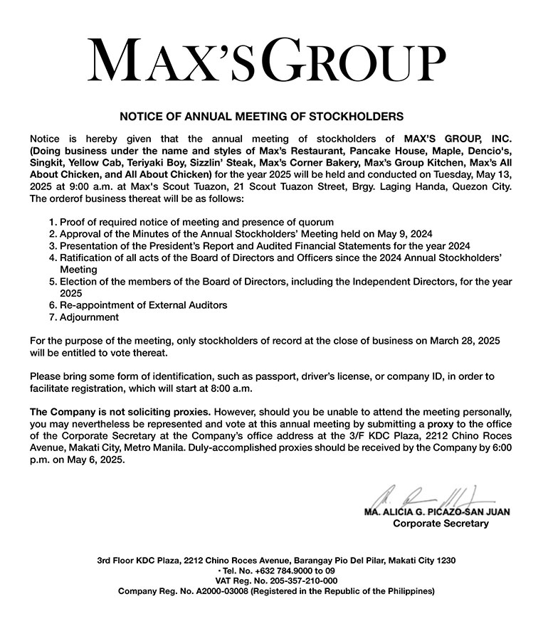 Max’s Group, Inc. to conduct Annual Meeting of Stockholders on May 13