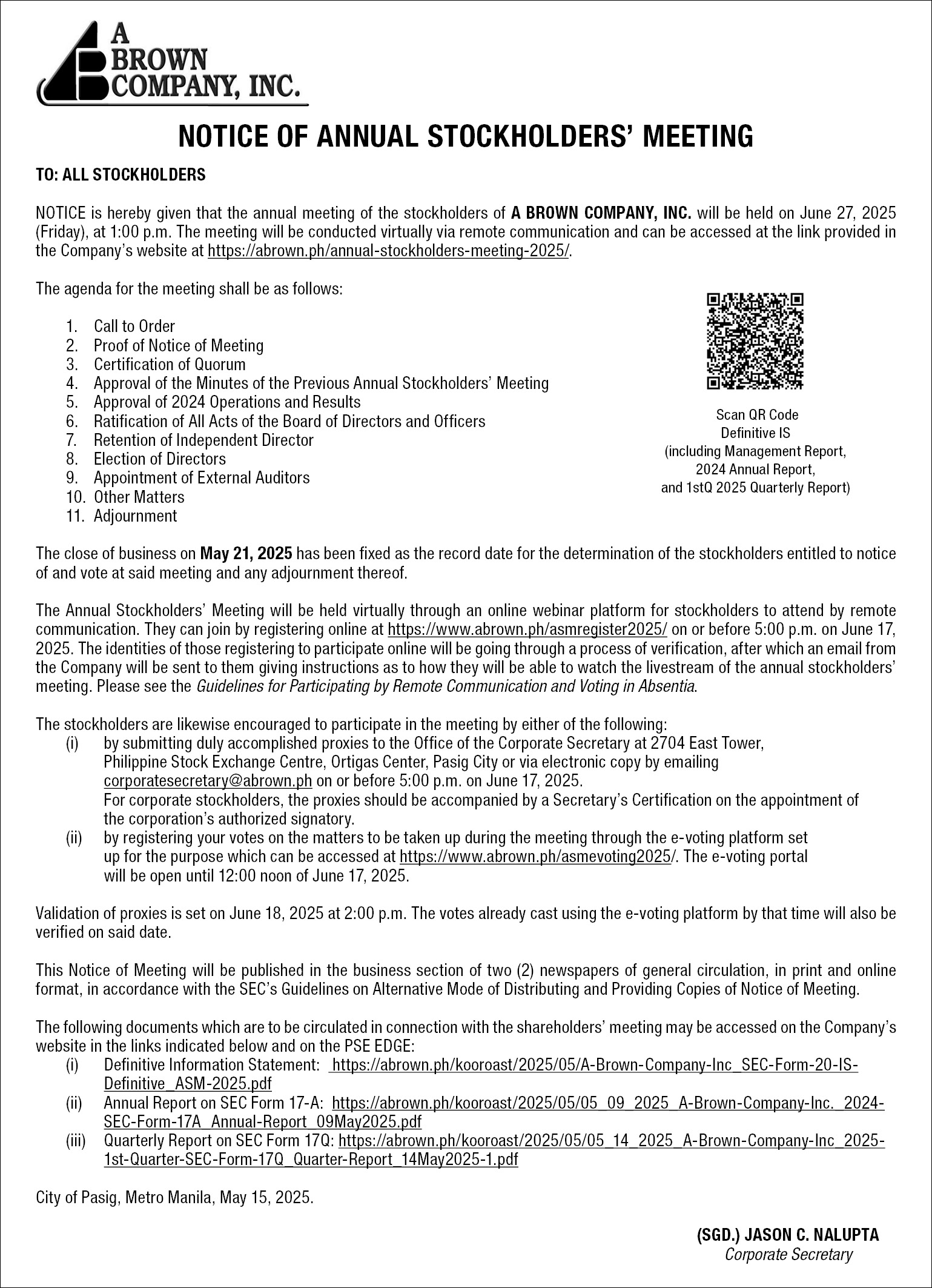 A Brown Company Inc. 2025 ASM