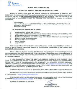 Roxas and Company, Inc. to conduct 2025 Annual Meeting of Stockholders virtually on Sept. 24