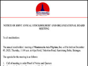 Montemaria Asia Pilgrims, Inc. to hold Annual Stockholders’ and Organizational Board Meeting on Dec. 5