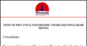 Montemaria Asia Pilgrims, Inc. to hold Annual Stockholders’ and Organizational Board Meeting on Dec. 5