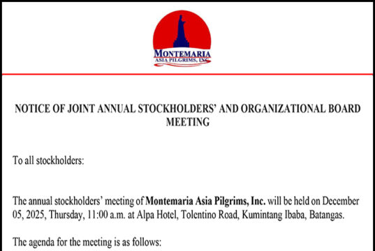 Montemaria Asia Pilgrims, Inc. to hold Annual Stockholders’ and Organizational Board Meeting on Dec. 5