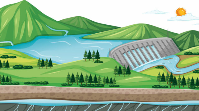 Panoramic countryside landscape with mountain river dam