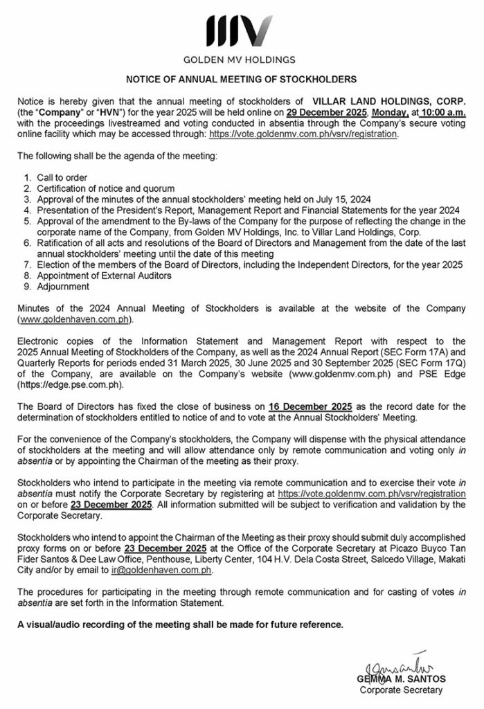 Villar Land Holdings Corp. to hold virtual Annual Stockholders’ Meeting on Dec. 29 Villar Land Holdings Corp. to hold virtual Annual Stockholders’ Meeting on Dec. 29