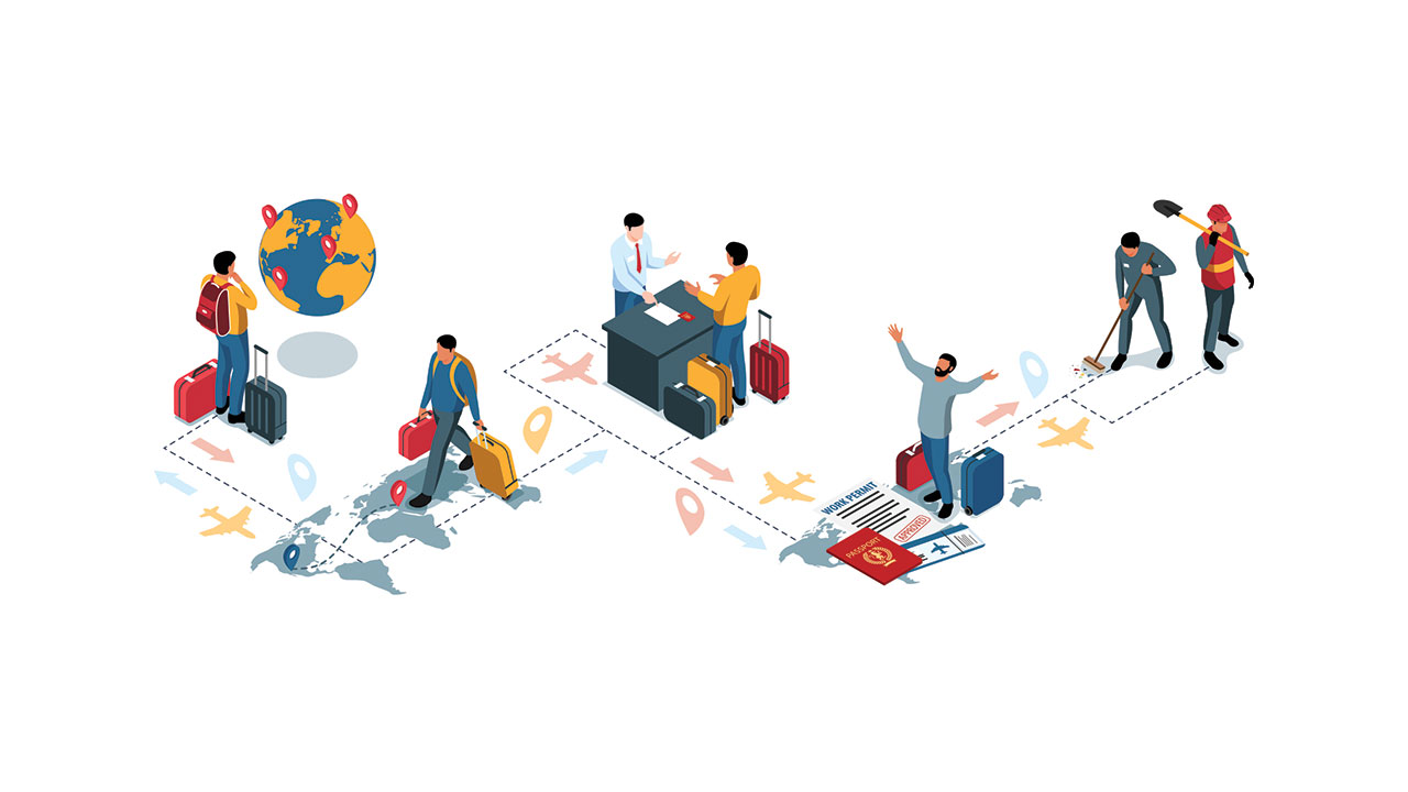 Migrant workers isometric infographics