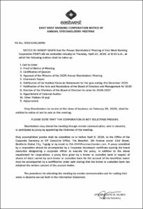 East West Banking Corp. discloses virtual Annual Stockholders’ Meeting on April 23