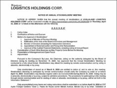 AyalaLand Logistics Holdings Corp. to hold virtual Annual Stockholders’ Meeting on April 23