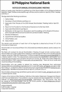 Philippine National Bank’s Annual Stockholders’ Meeting to be held on April 28 via remote communication