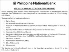 Philippine National Bank’s Annual Stockholders’ Meeting to be held on April 28 via remote communication
