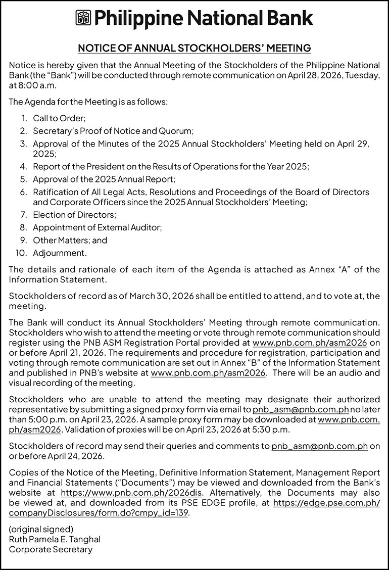 Philippine National Bank’s Annual Stockholders’ Meeting to be held on April 28 via remote communication