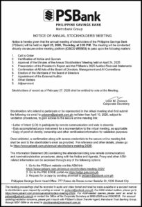 Philippine Savings Bank to hold virtual Annual Stockholders’ Meeting on April 23