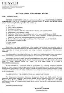 Filinvest Development Corp. to hold 2026 Annual Stockholder’s Meeting virtually on April 24