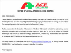 Allied Care Experts (ACE) Medical Center – Tacloban to conduct Annual Stockholders’ Meeting on June 15 via Zoom