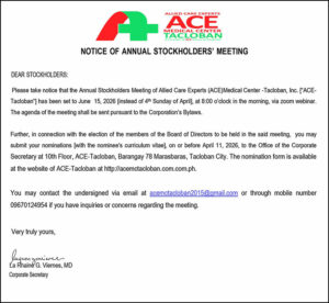 Allied Care Experts (ACE) Medical Center – Tacloban to conduct Annual Stockholders’ Meeting on June 15 via Zoom