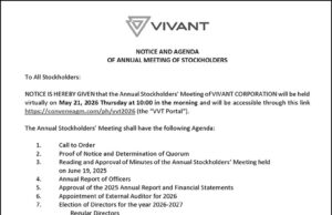 Vivant Corp. to hold virtual Annual Stockholders’ Meeting on May 21
