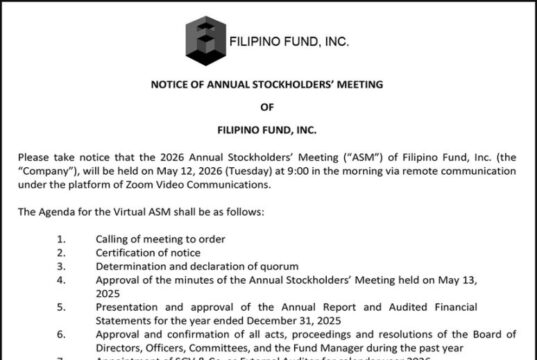 Filipino Fund, Inc. to hold 2026 Annual Stockholders’ Meeting on May 12 via remote communication
