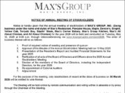 Max’s Group, Inc. to conduct Annual Stockholders’ Meeting on May 12 via videoconference