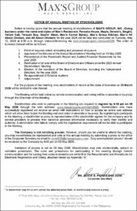 Max’s Group, Inc. to conduct Annual Stockholders’ Meeting on May 12 via videoconference