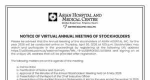 Asian Hospital, Inc. discloses virtual Annual Stockholders’ Meeting on April 30