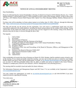 Allied Care Experts (ACE) Malolos Doctors, Inc. to hold Annual Stockholders’ Meeting on June 23 via hybrid setup