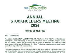 Cebu Landmasters, Inc. to hold Annual Stockholders Meeting on June 5 via hybrid format