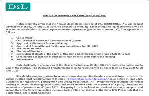D&L Industries, Inc. to hold virtual Annual Stockholders’ Meeting on June 8