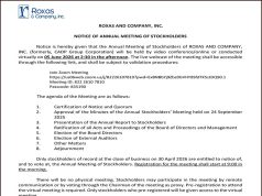 Roxas and Company, Inc. announces virtual Annual Meeting of Stockholders on June 5
